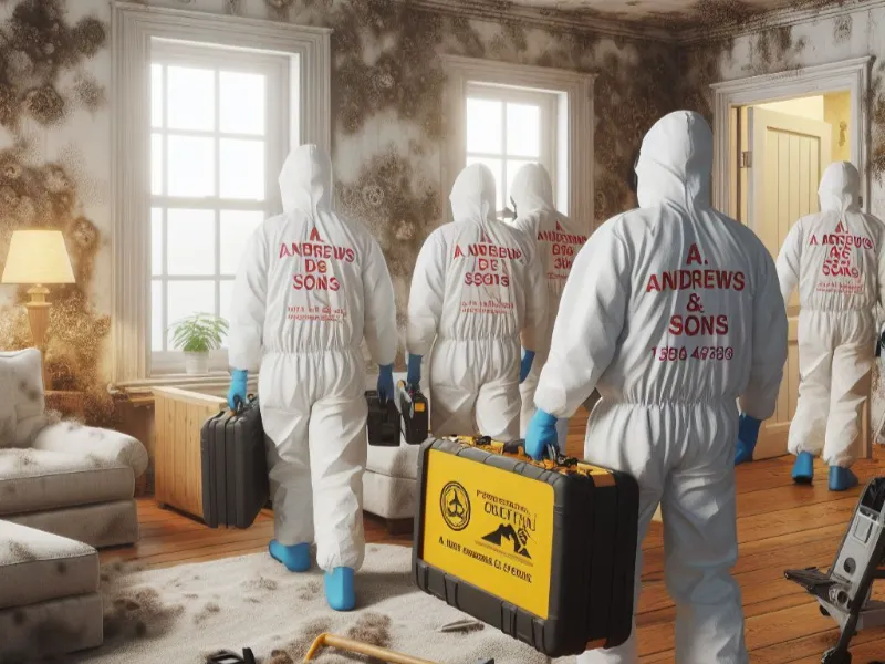 Workers in white hazmat suits carrying equipment cases enter a mold-infested room.
