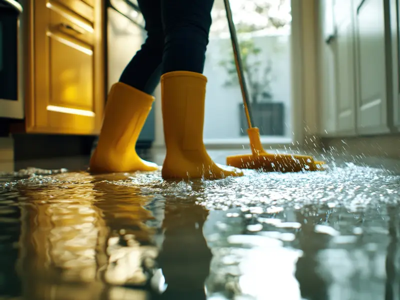 Person in yellow rain boots mopping water on a flooded kitchen floor.